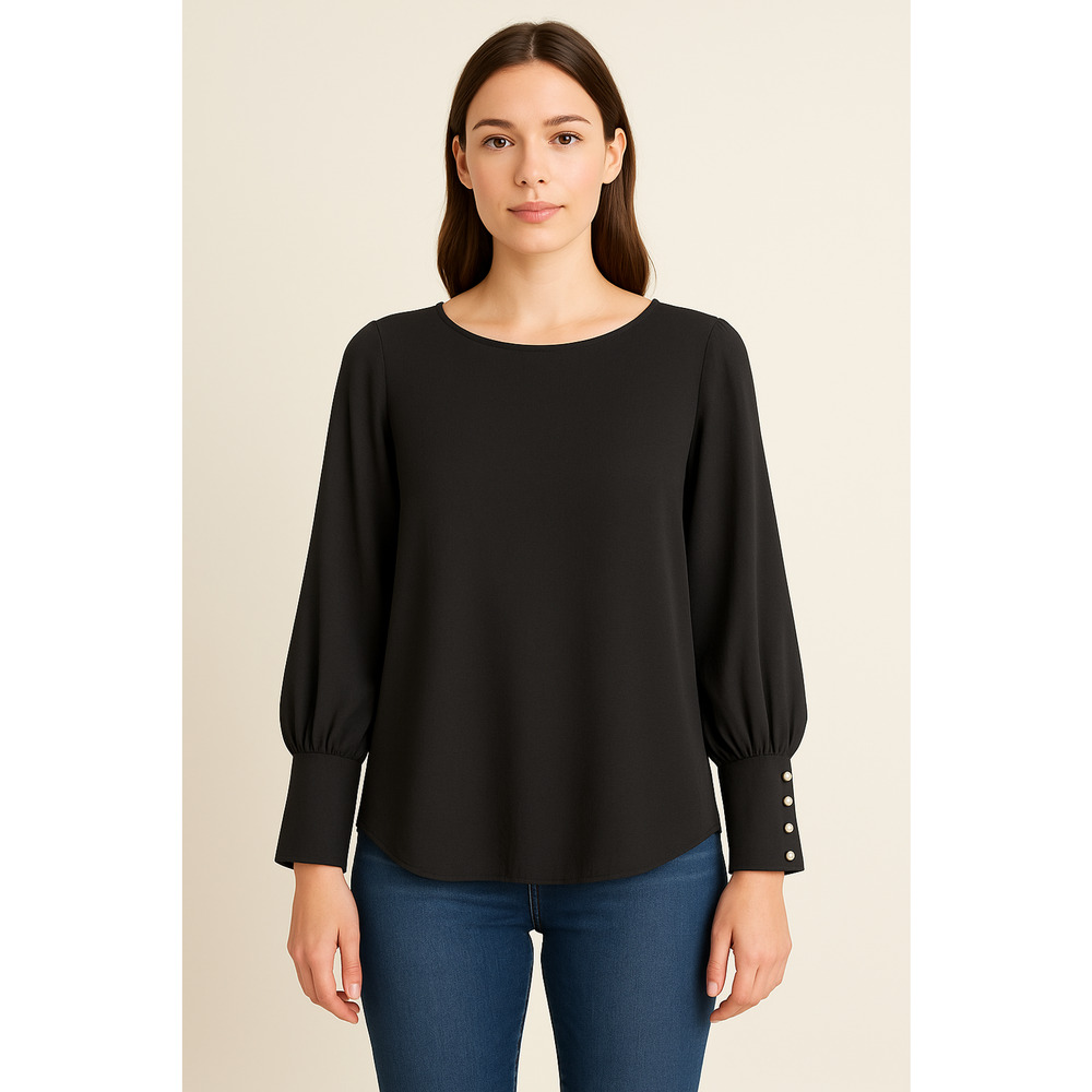Ann Taylor Black Chiffon Crepe Pearl Button Cuff Mutton Sleeve Classic Blouse XS